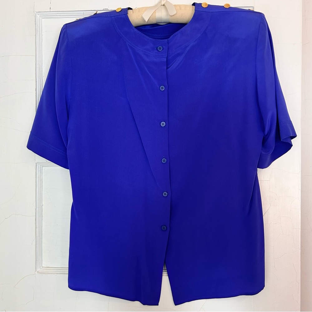 Carlisle 100% Silk Button Down Top Royal Blue Shoulder Pads Gold Buttons Vintage - Picture 7 of 8